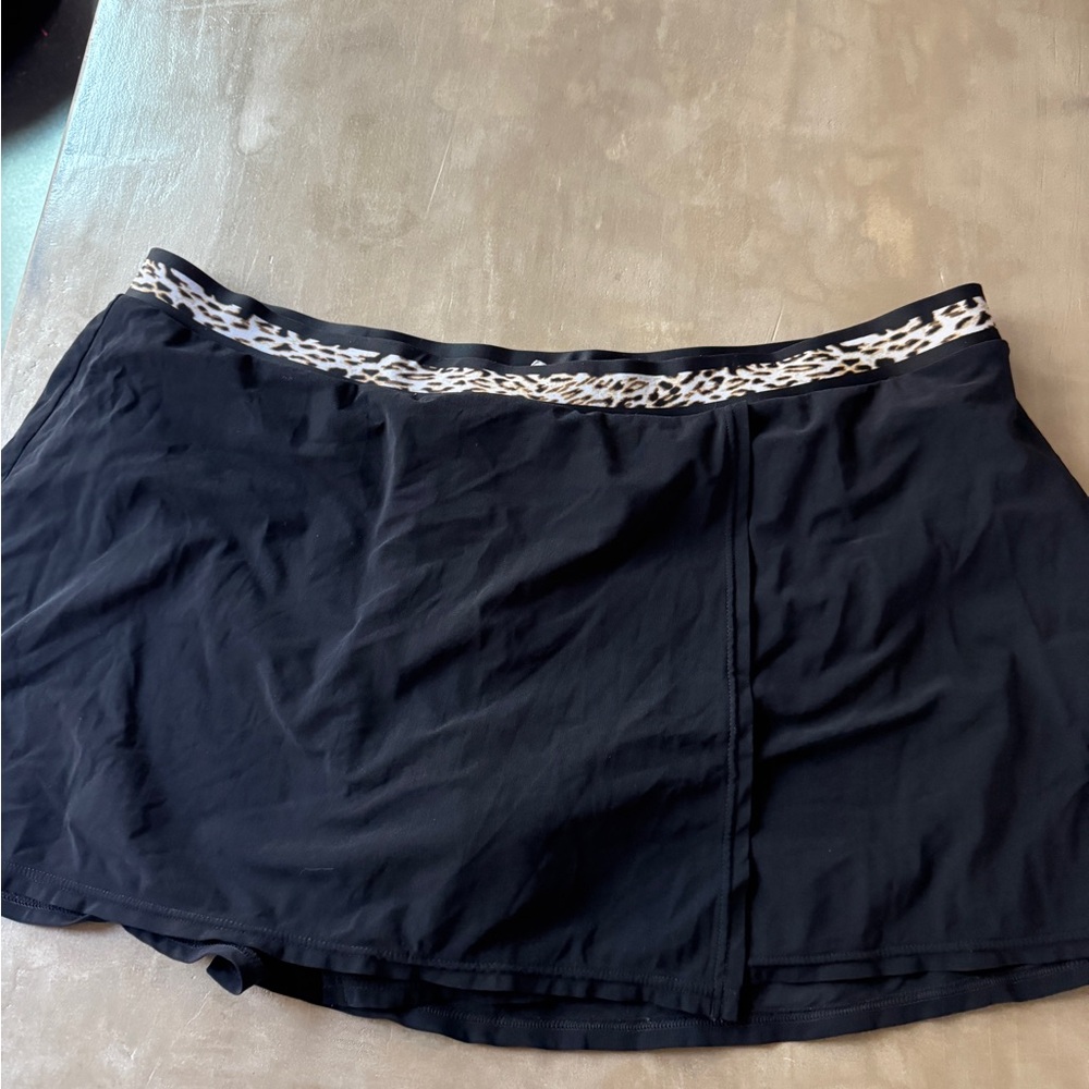 Black Swim Skirt with Leopard Trim